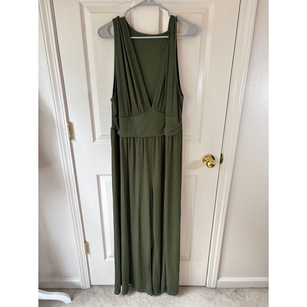 SHEIN Jumpsuit Women 4XL Green Ribbed Knit V-Neck Wide Leg Boho Casual